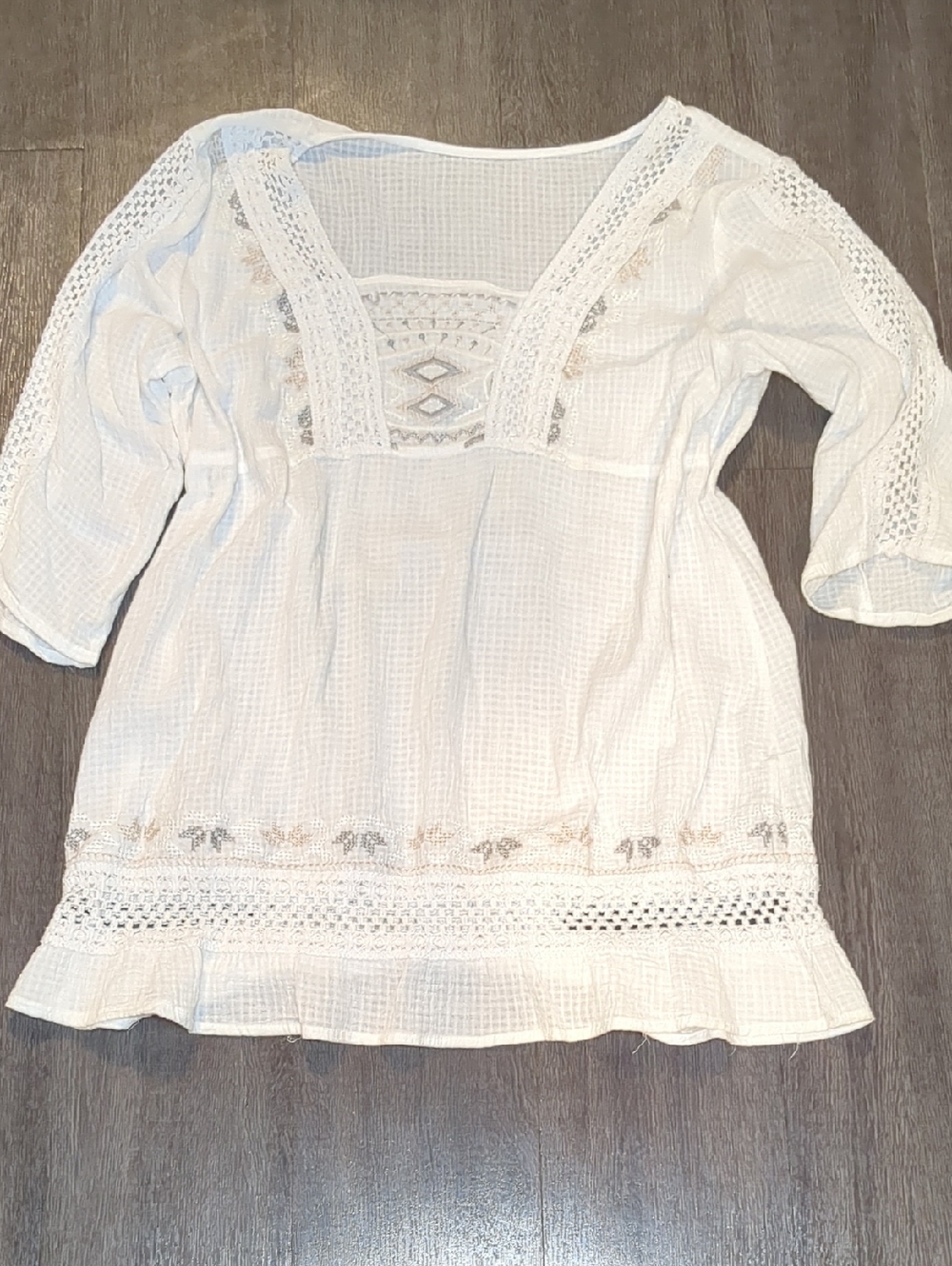 Women’s White Gauze Boho Lace Peasant Top Lightweight Summer Embroidered Sz M